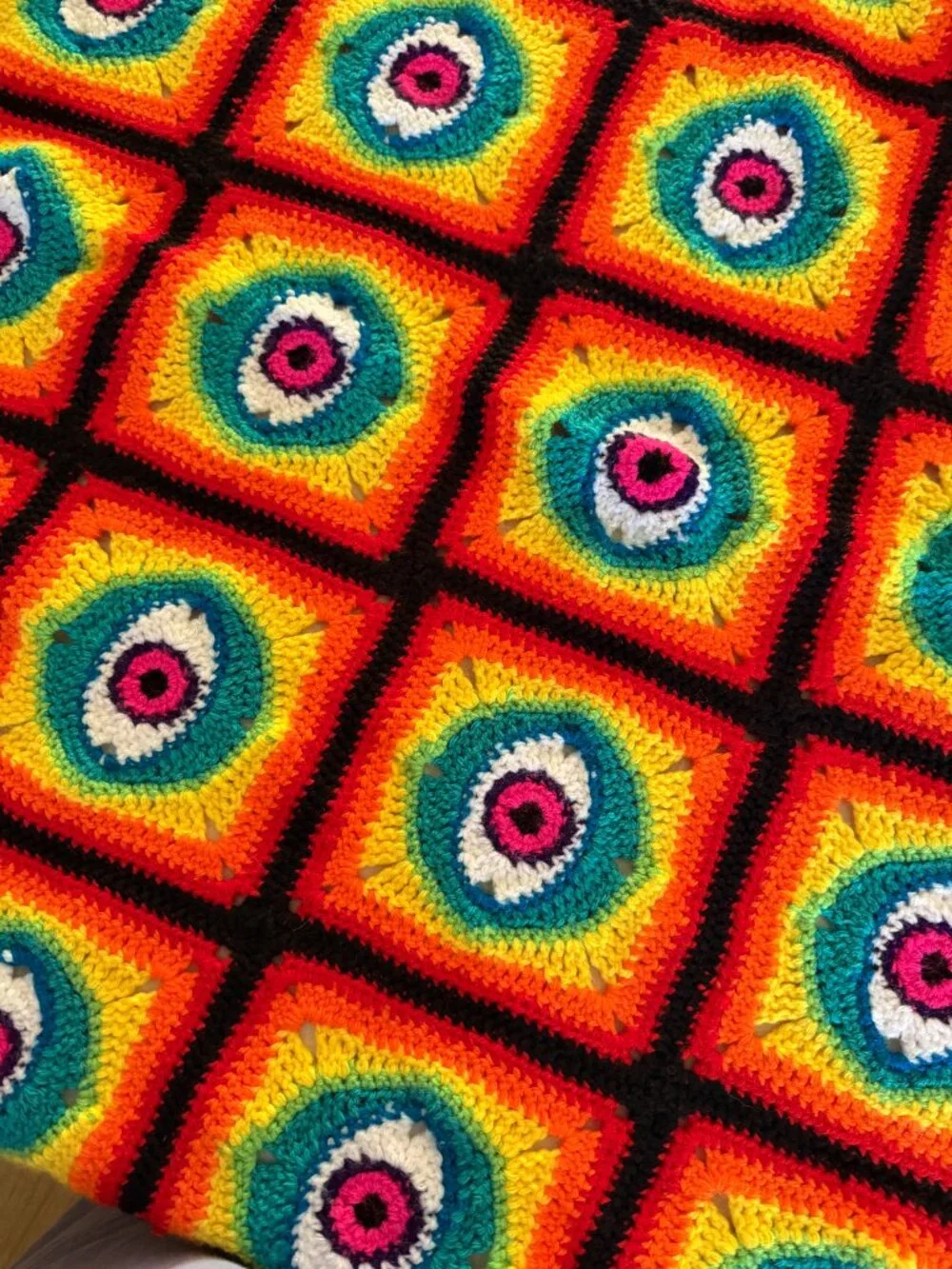 Handmade Neon Rainbow Evil Eye Granny Square Blanket 38x55